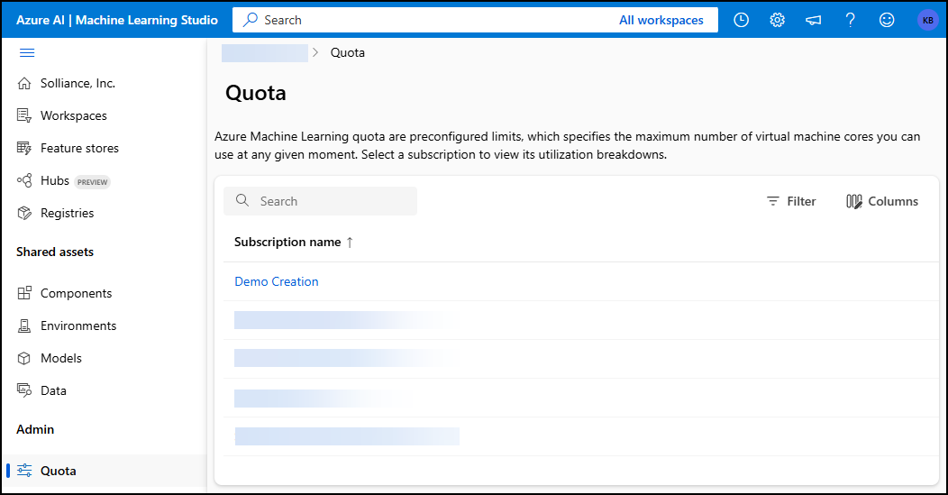 Screenshot of the Azure ML quota subscription selection page.