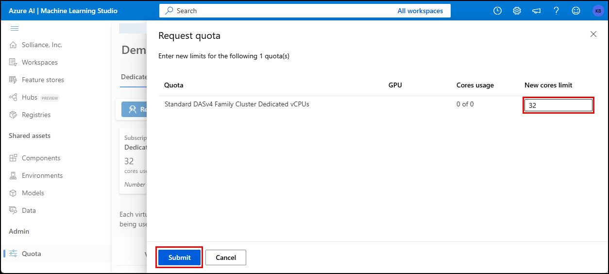 Screenshot of the Request quota dialog with a value of 32 highlighted in the new cores limit box and the submit button highlighted.