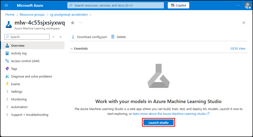 Screenshot of the Launch studio section of the Azure Machine Learning workspace page with the Launch studio button highlighted with a red box.