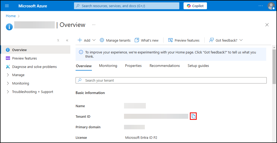 On the Entra ID tenant overview tab, the copy to clipboard button for the Tenant ID is highlighted with a red box.