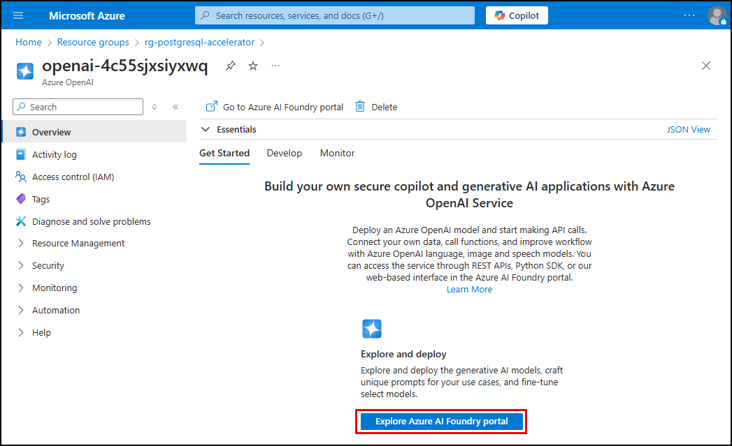 Screenshot of the Azure OpenAI service's Overview blade, with the Explore Azure AI Foundry portal highlighted with a red box.