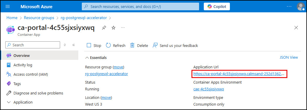 Screenshot of the API container app page in the Azure portal, with the Application Url highlighted.