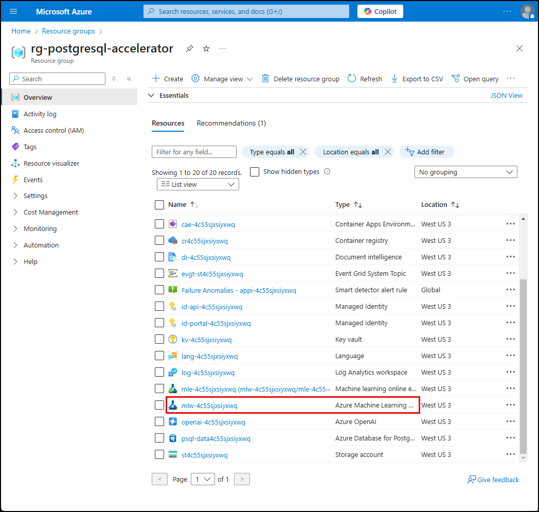 Screenshot of the resources in the resource group, with the Azure Machine Learning Workspace resource highlighted.