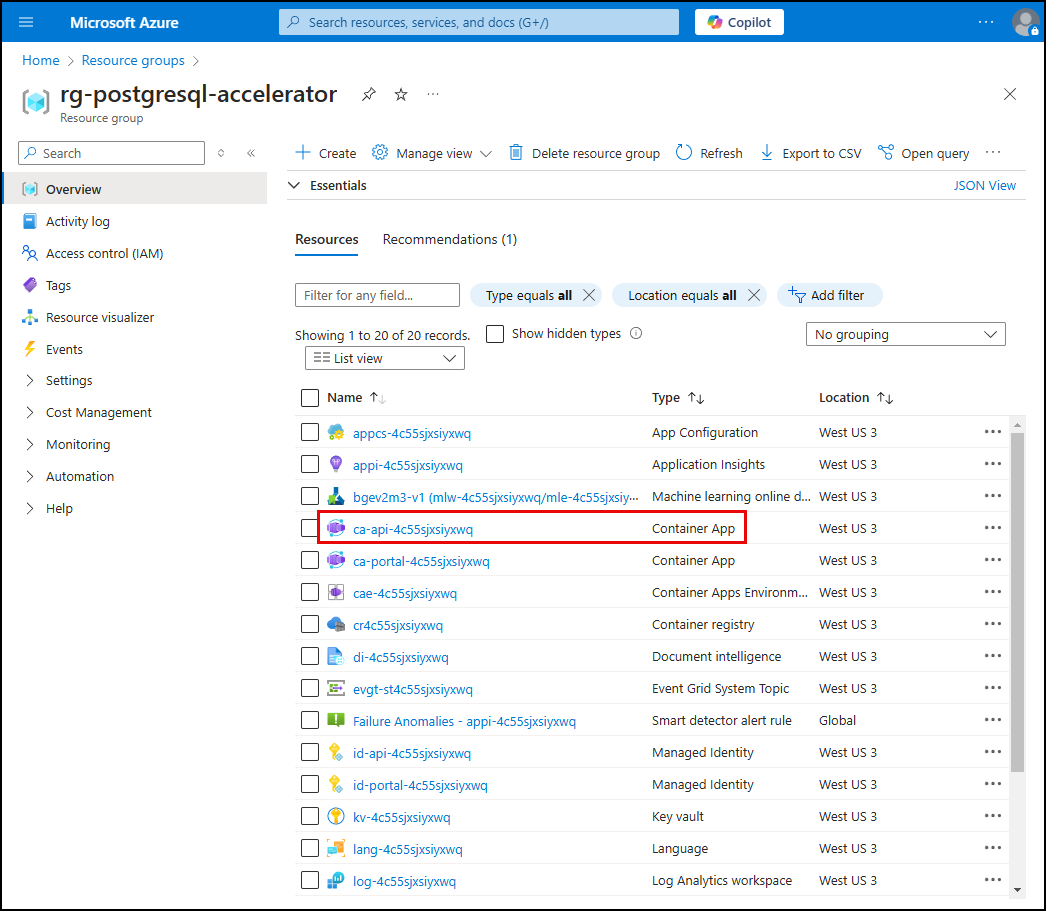 Screenshot of the resources in the resource group, with the ca-api Container app resource highlighted.