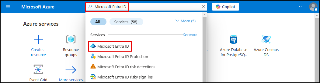 Microsoft Entra ID is entered into the Azure search bar and it is highlighted in the Services results.