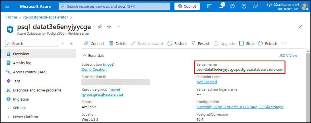 Screenshot of the Azure Database for PostgreSQL page in the Azure portal with the server name highlighted in the Overview Essentials panel.