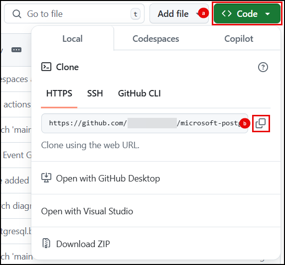 The GitHub Code menu is expanded and the copy button for the HTTPS clone link is highlighted.