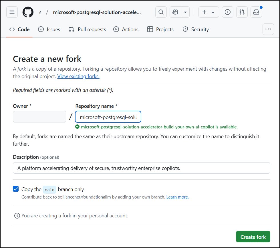 Screenshot of the Create a new fork page in GitHub.
