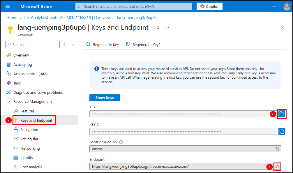 Screenshot of the Azure Language service's Keys and Endpoints page, with the KEY 1 and Endpoint copy buttons highlighted by red boxes.