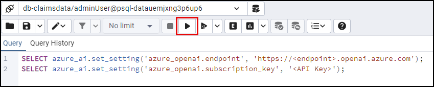 The Execute script button is highlighted on the query window toolbar in pgAdmin.