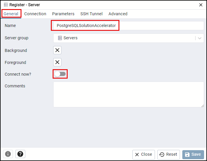 Screenshot of the Register Server general tabl with the name and connect now fields highlighted.