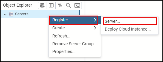 Screenshot of the pgAdmin Servers context menu, with Register > Server highlighted.