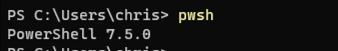 Screenshot of the command prompt showing the results of the 'pwsh' command.