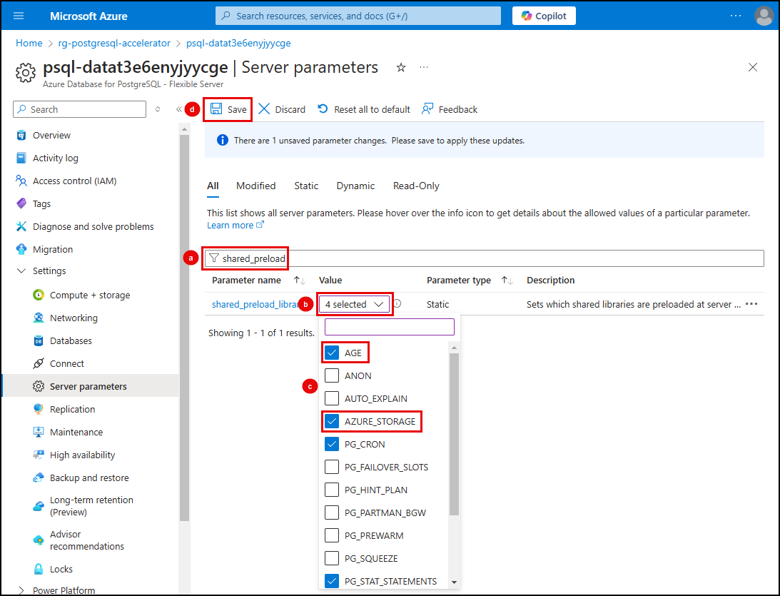 Screenshot of the steps to add AGE and AZURE_STORAGE to the shared_preload_libraries parameter in the Azure portal.