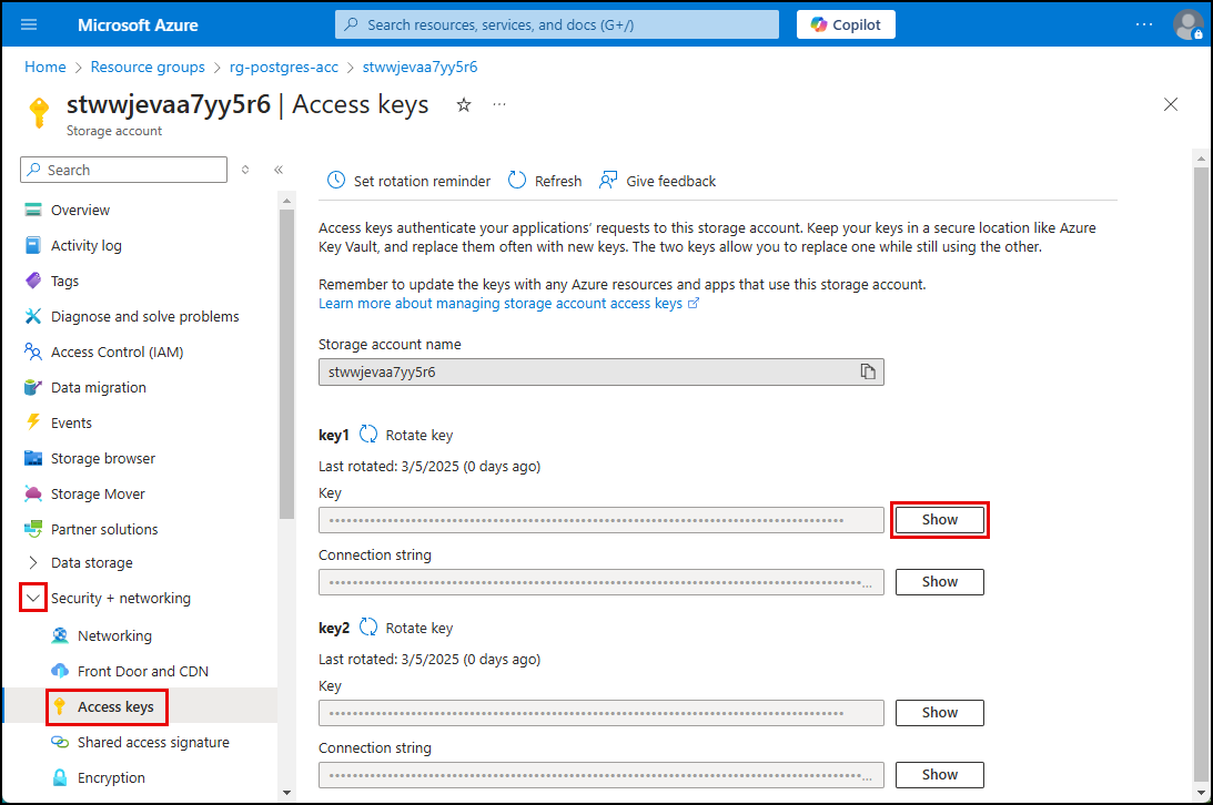 Screenshot of the Storage account access keys page, with the show button highlighted for the key1 Key.