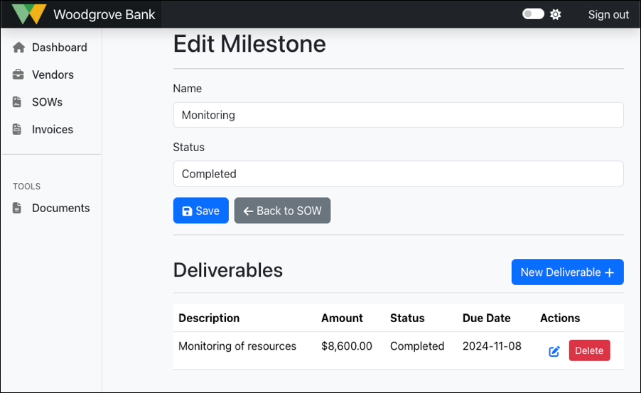 Screenshot of the Edit Milestone page showing the edit fields and list of deliverables.