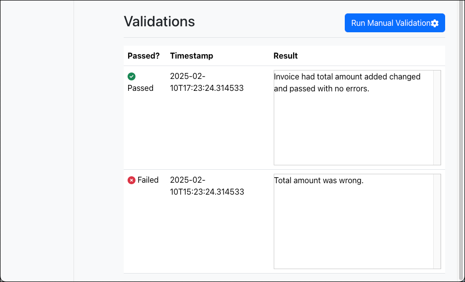 Screenshot of the Validations list on the Edit Invoice page.