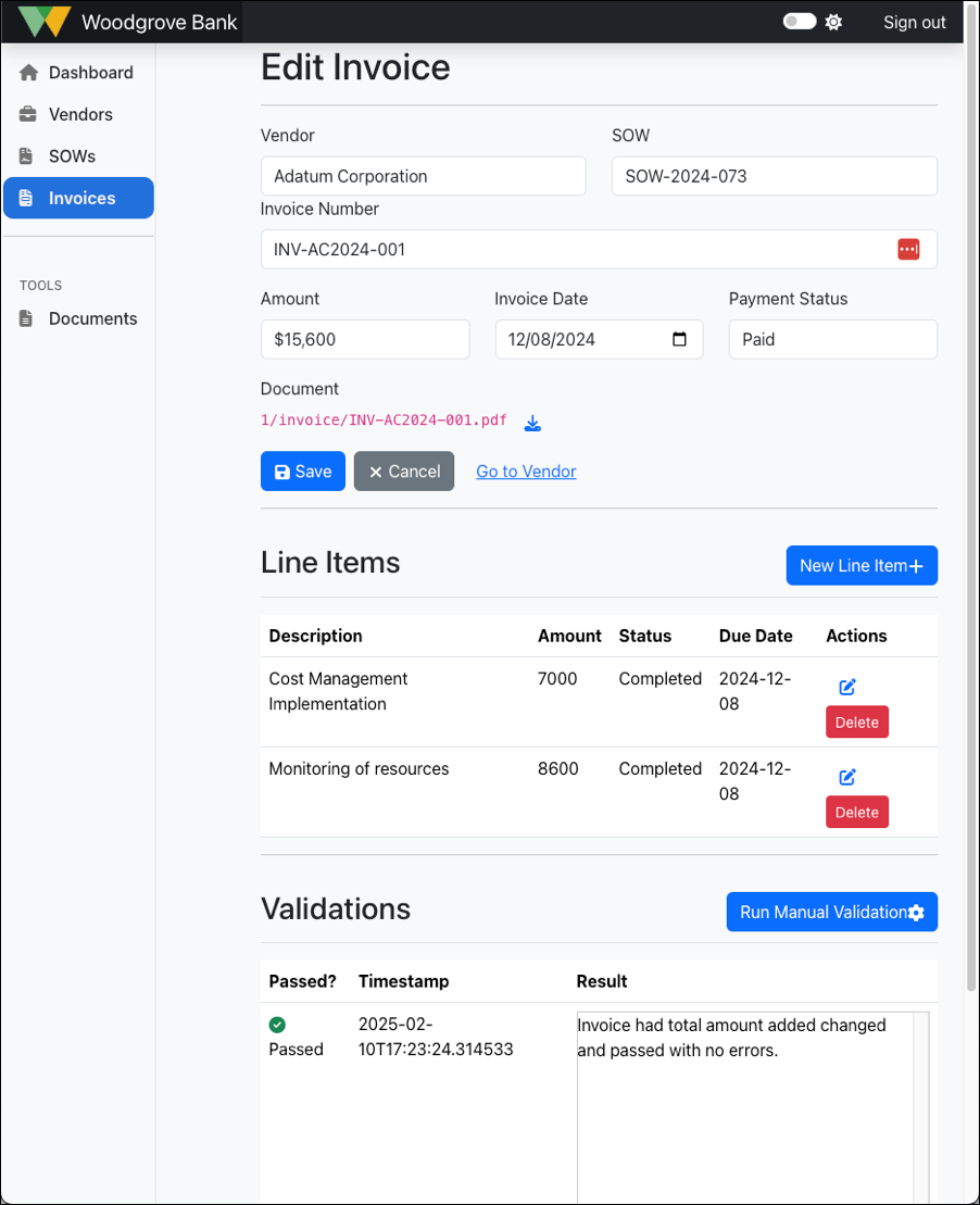 Screenshot of the Edit Invoice page with edit fields, line items and validations sections shown.