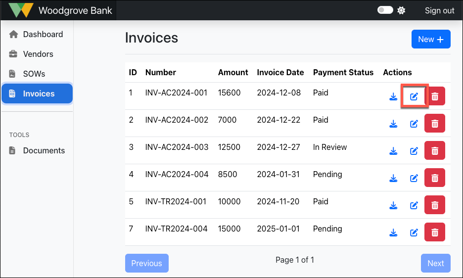 Screenshot of the Invoices list with the Edit button highlighted for the first Invoice in the list.