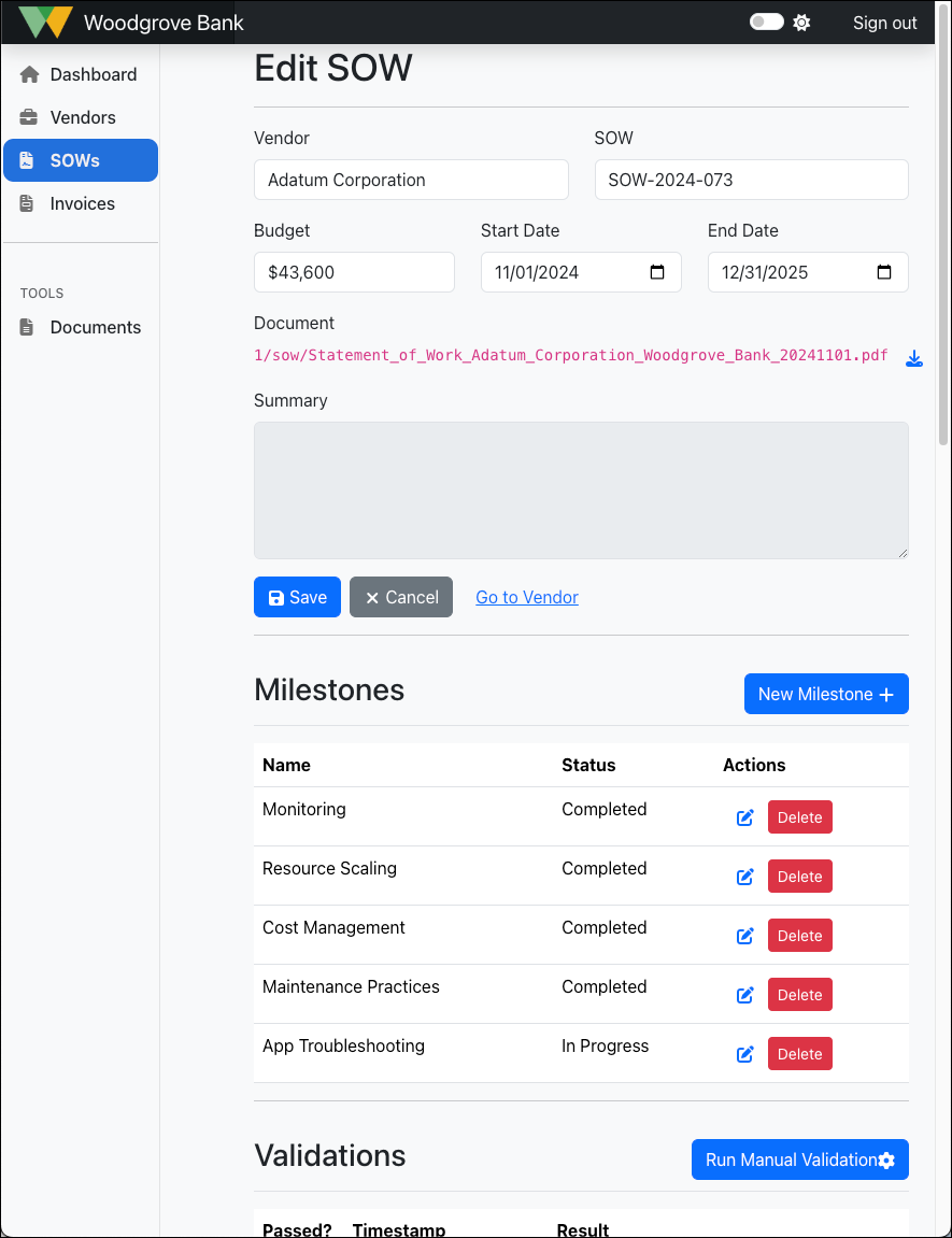 Screenshot of SOW edit page with SOW fields and milestones list showing.