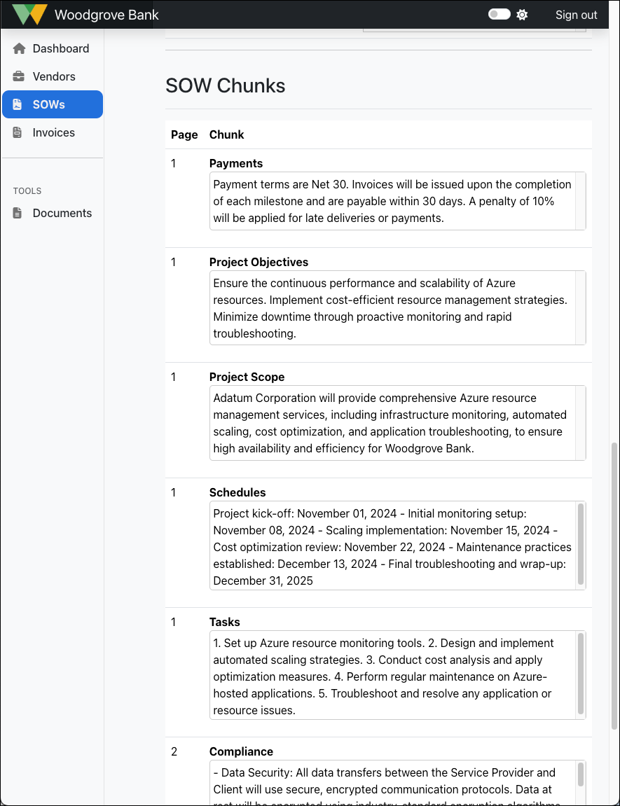 Screenshot of the Edit SOW page scrolled down to show the SOW Chunks list displaying extracted text from the SOW document.