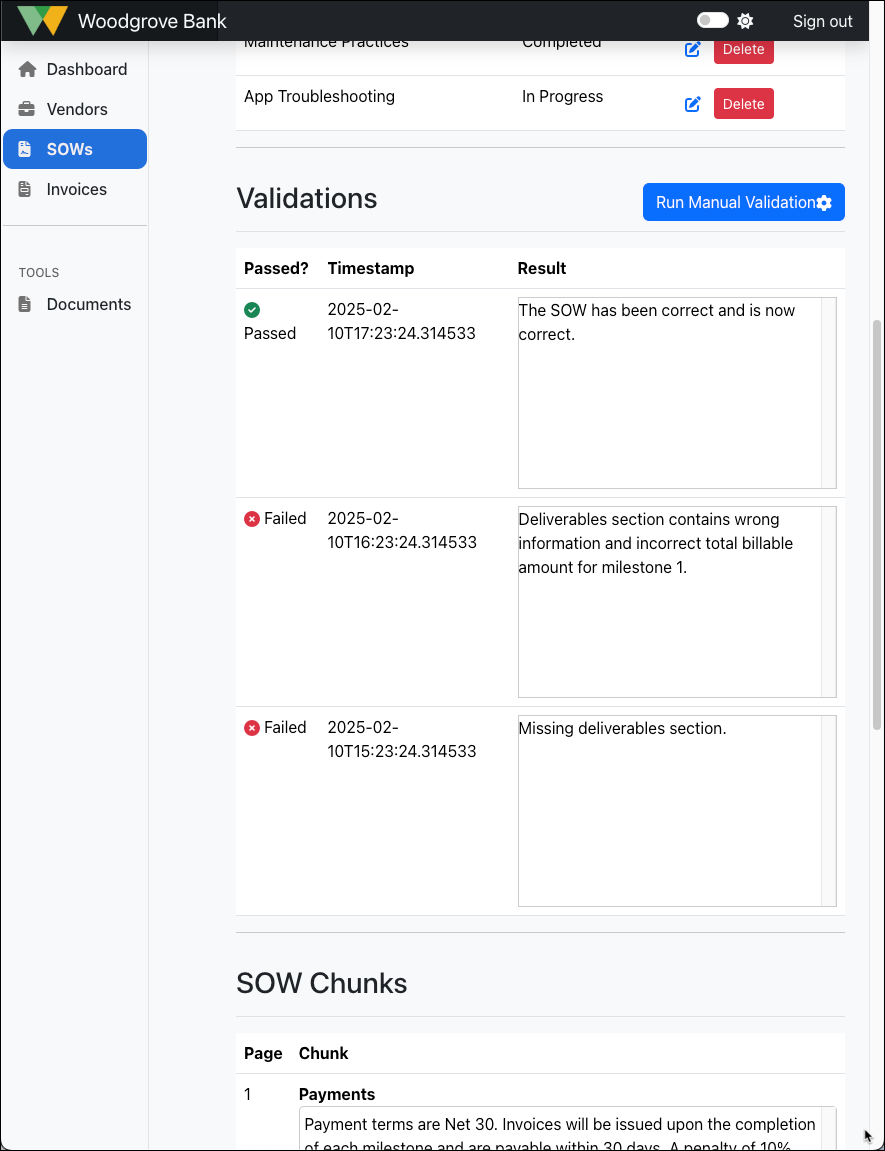 Screenshot of the Edit SOW page scrolled down to show the Validations history list.