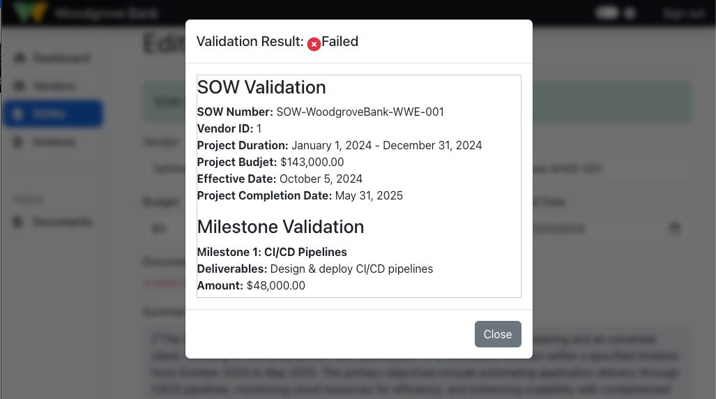 Screenshot of SOW Validation Results