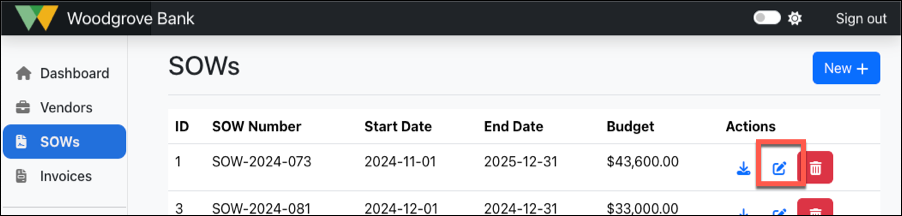 Screenshot of the SOWs list with the edit button highlighted for the 'SOW-2024-073' SOW at the top of the list.