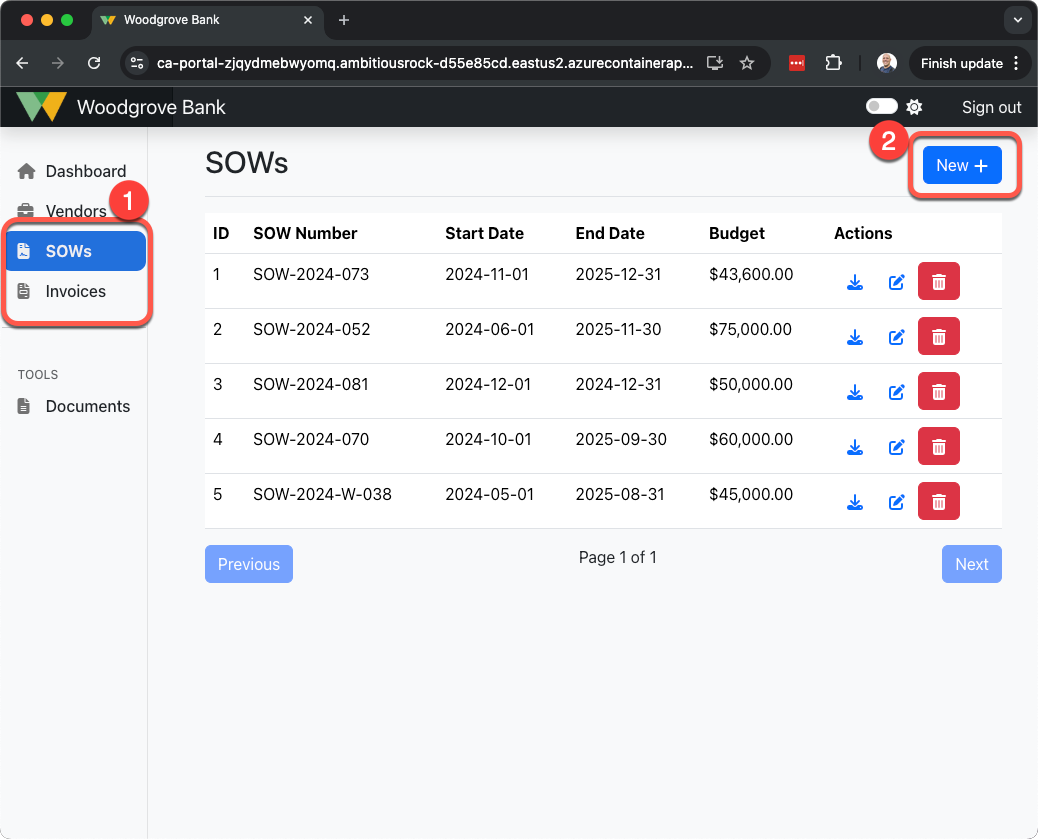 Screenshot of SOWs list page with SOWs menu and New button highlighted