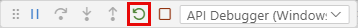 Screenshot of the VS Code floating debug toolbar with the restart button highlighted and the API Debugger selected in the configurations dropdown list.