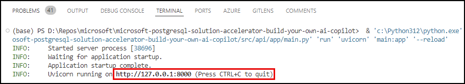 Screenshot of the VS Code terminal output for starting the API via a debug session.