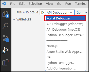 Screenshot of the Run and Debug panel, with the Run and Debug configurations dropdown list expanded and the Portal Debugger options highlighted.