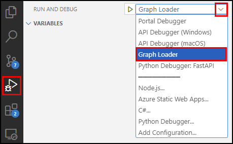 Screenshot of the Run and Debug panel, with the Run and Debug configurations dropdown list expanded and the Graph Loader option highlighted.