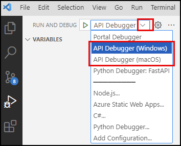 Screenshot of the Run and Debug panel, with the Run and Debug configurations dropdown list expanded and the AI Debugger options highlighted.