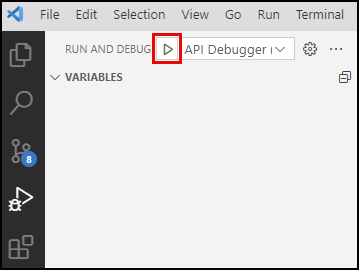 Screenshot of the Start Debugging button highlighted next to the Run and Debug configurations dropdown list.
