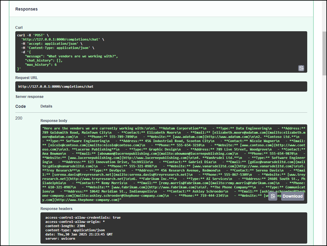 Screenshot of the Responses section of the Swagger UI, with the Response body populated by the response from the above query.