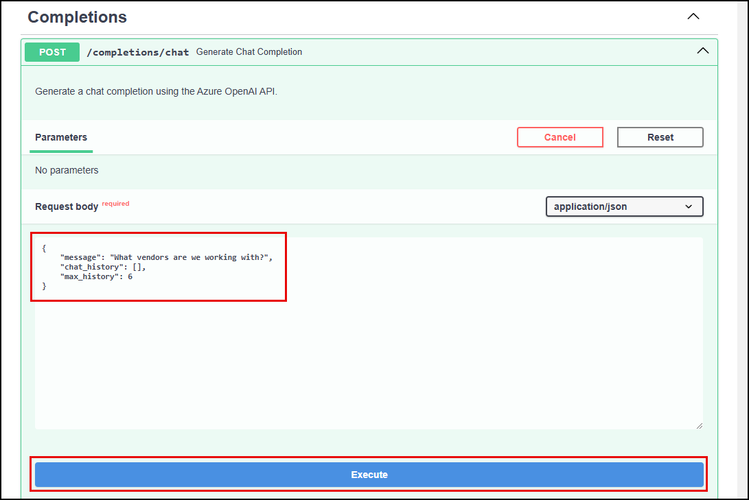Screenshot of the request body section, with the above message highlighted in the body textbox and the Execute button highlighted.