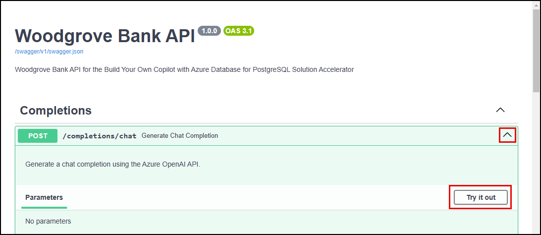 Screenshot of the chat endpoint expanded, with the Try it out button highlighted.