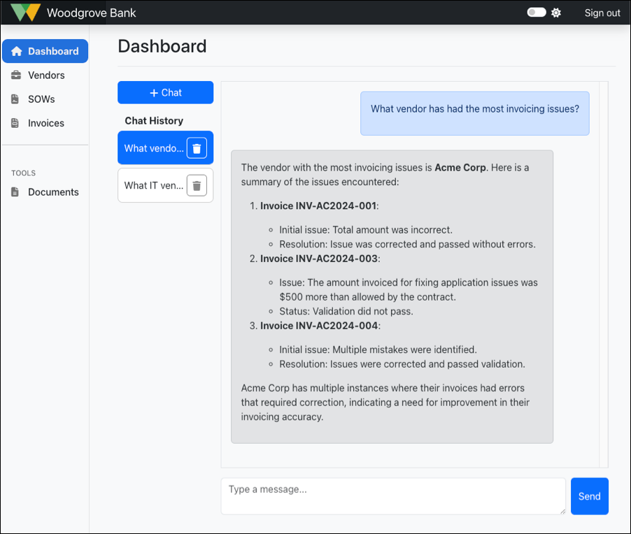 Screenshot of the Woodgrove Bank Contract Management Portal Dashboard, with a copilot question and response displayed.